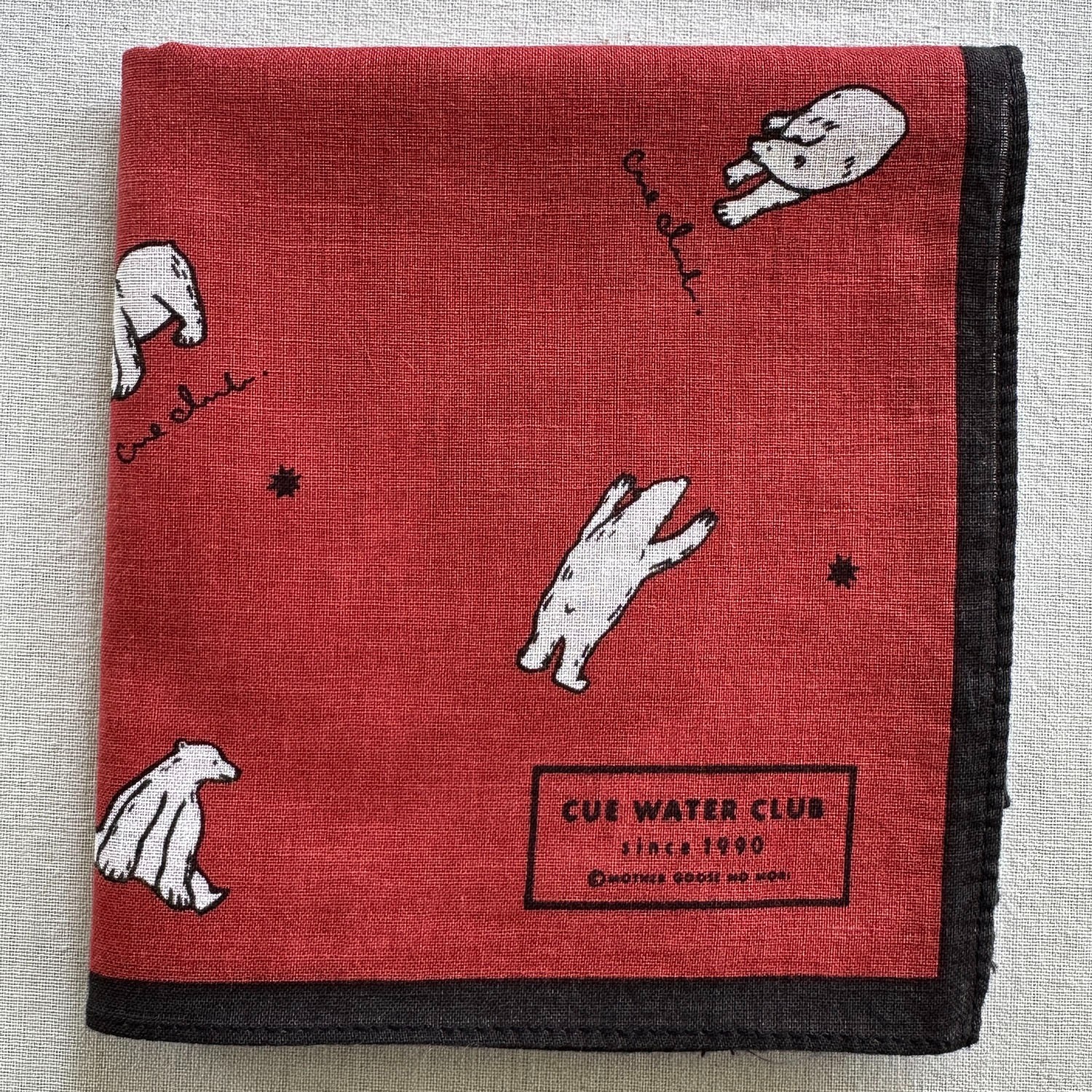 VTG CUE WATER CLUB~Polar Bear Pattern Handkerchief Dark Red Cotton Hanky 19″~E