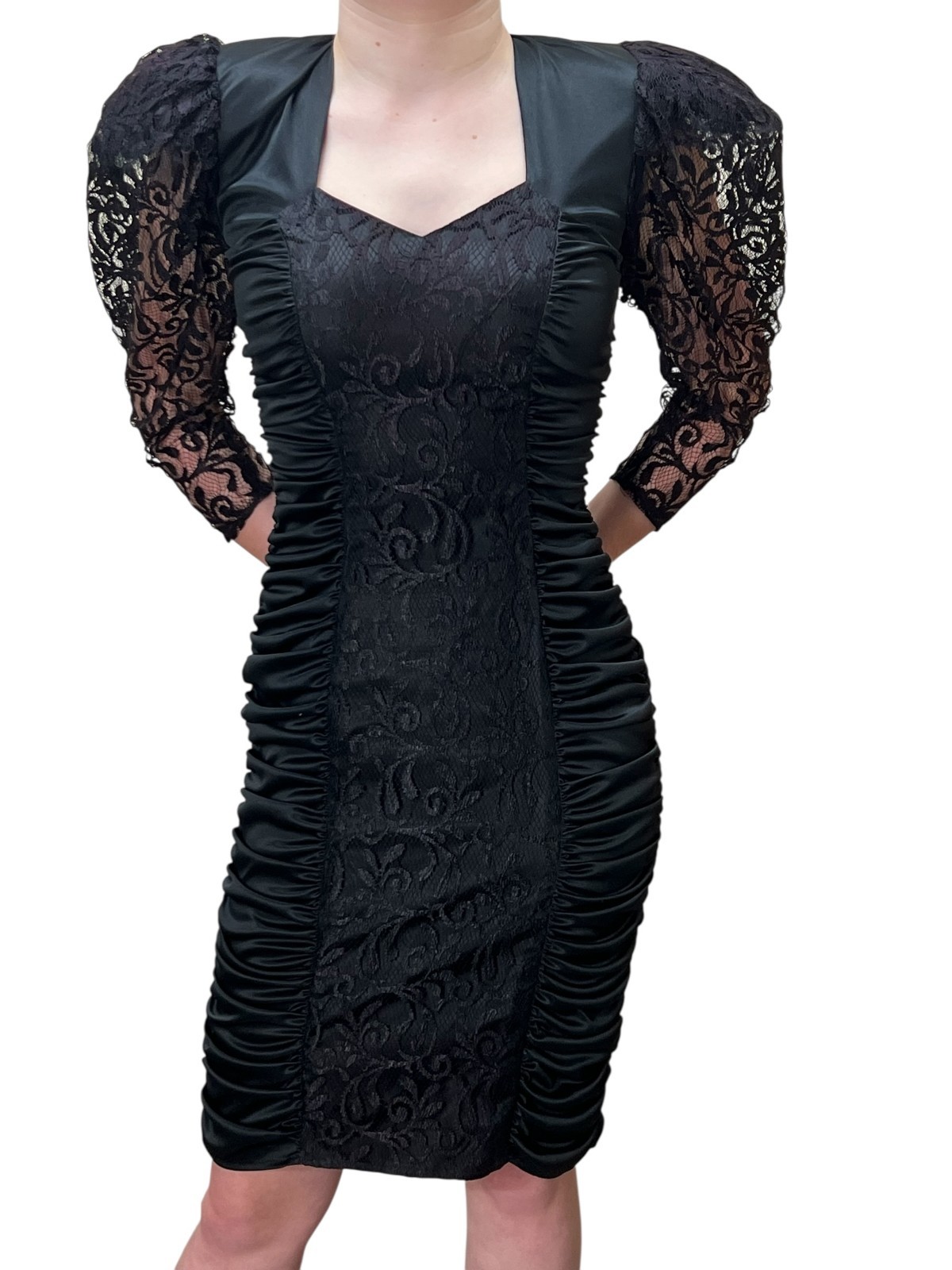 Vtg 80s Sz S Dress Party Cocktail BodyCon Ruched Black Wine Lace Gothic Mayvens