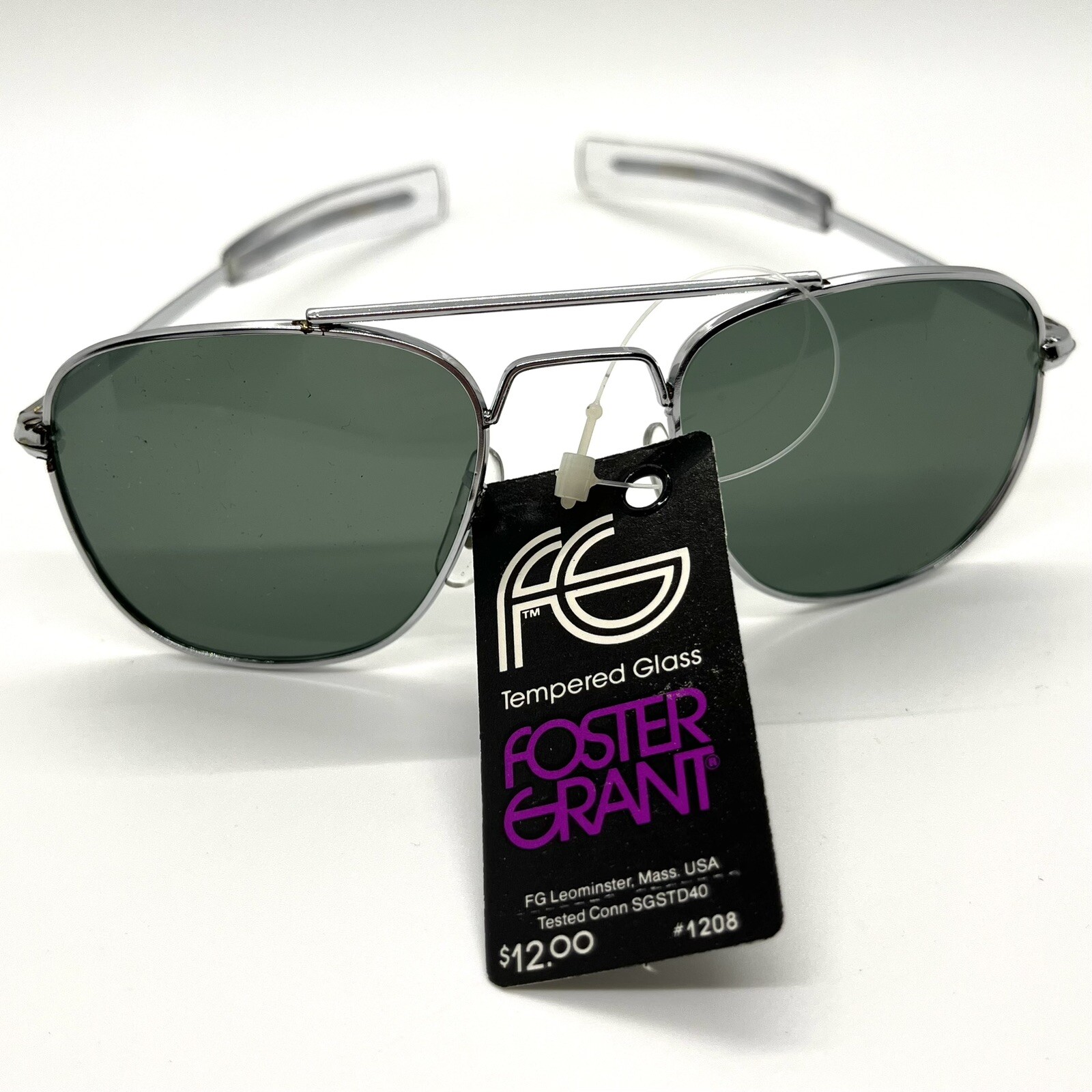 NOS Vintage Foster Grant Silver Aviator Tempered Glass Sunglasses 1208