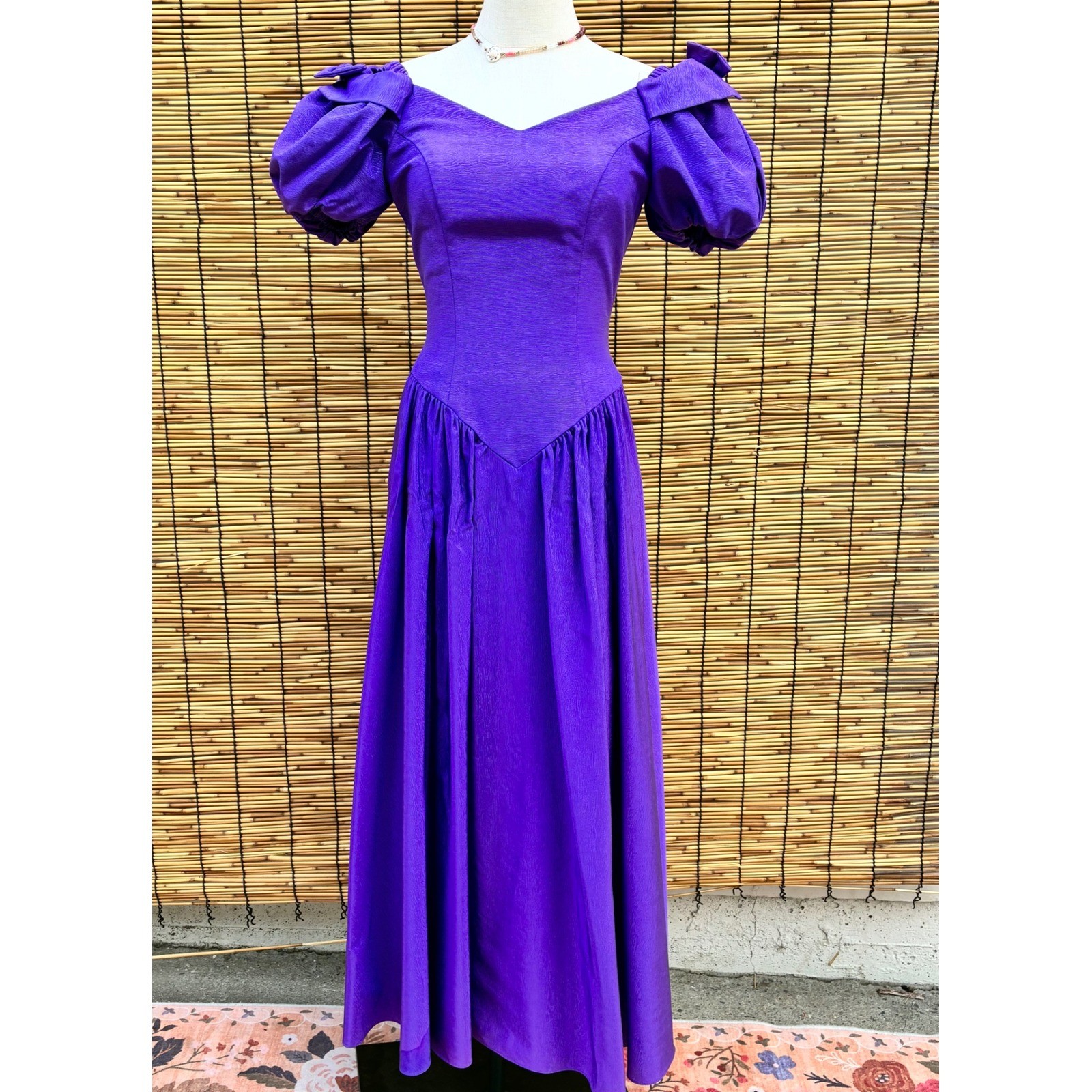 Vintage 80s Purple Moire Puff Sleeve Bow Back Gown ILGWU Made in USA 7081
