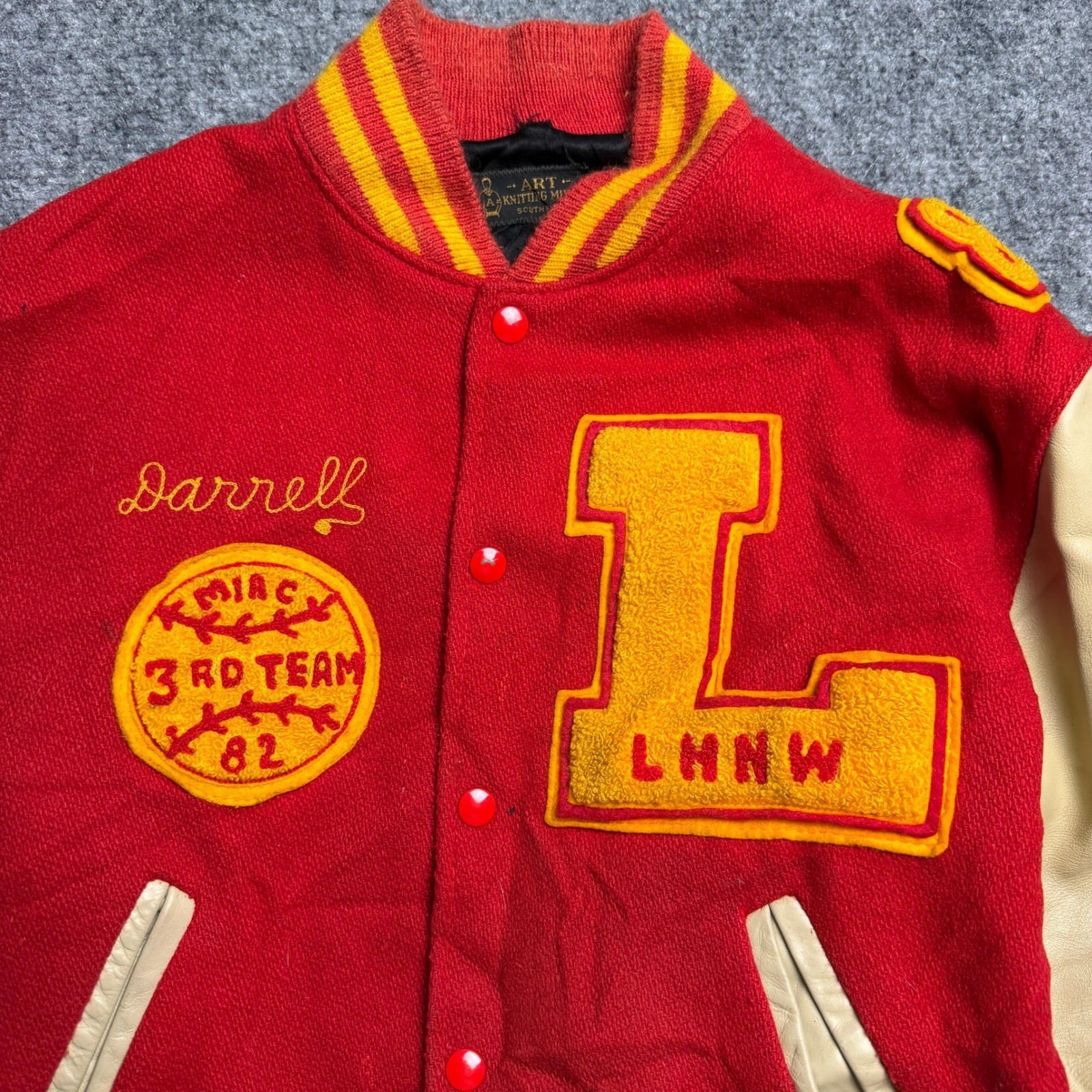 Vintage Art Knitting Mills Varsity Jacket Red Wool Leather 1982 Crusaders Mens L