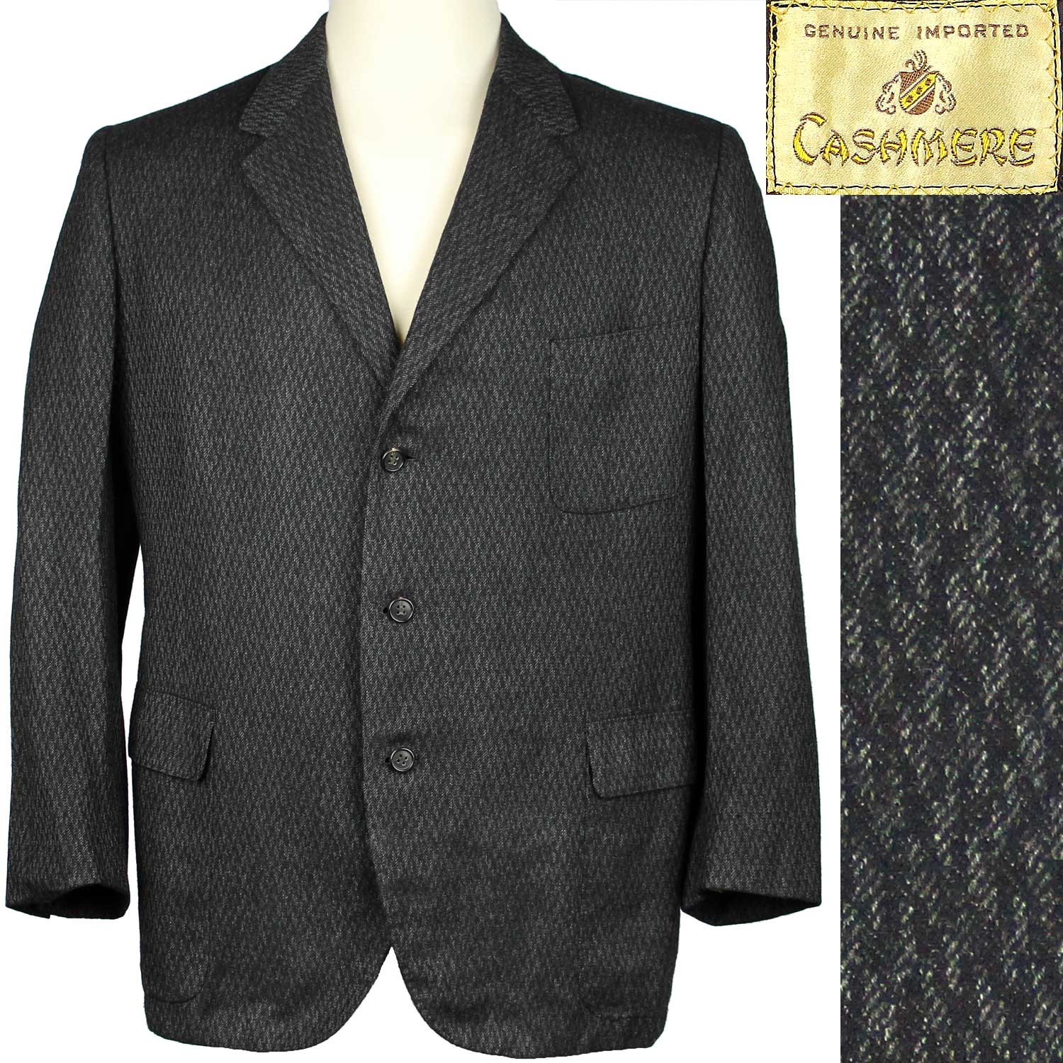 1950s True Vintage Cashmere Sport Coat Suit Jacket Black Gray Rockabilly 42 R