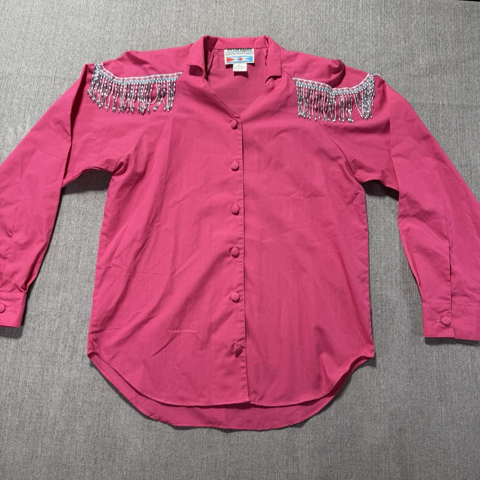 Vintage 90s Wrangler Pink Western Fringe Blouse Shirt Beaded Cowgirl Small