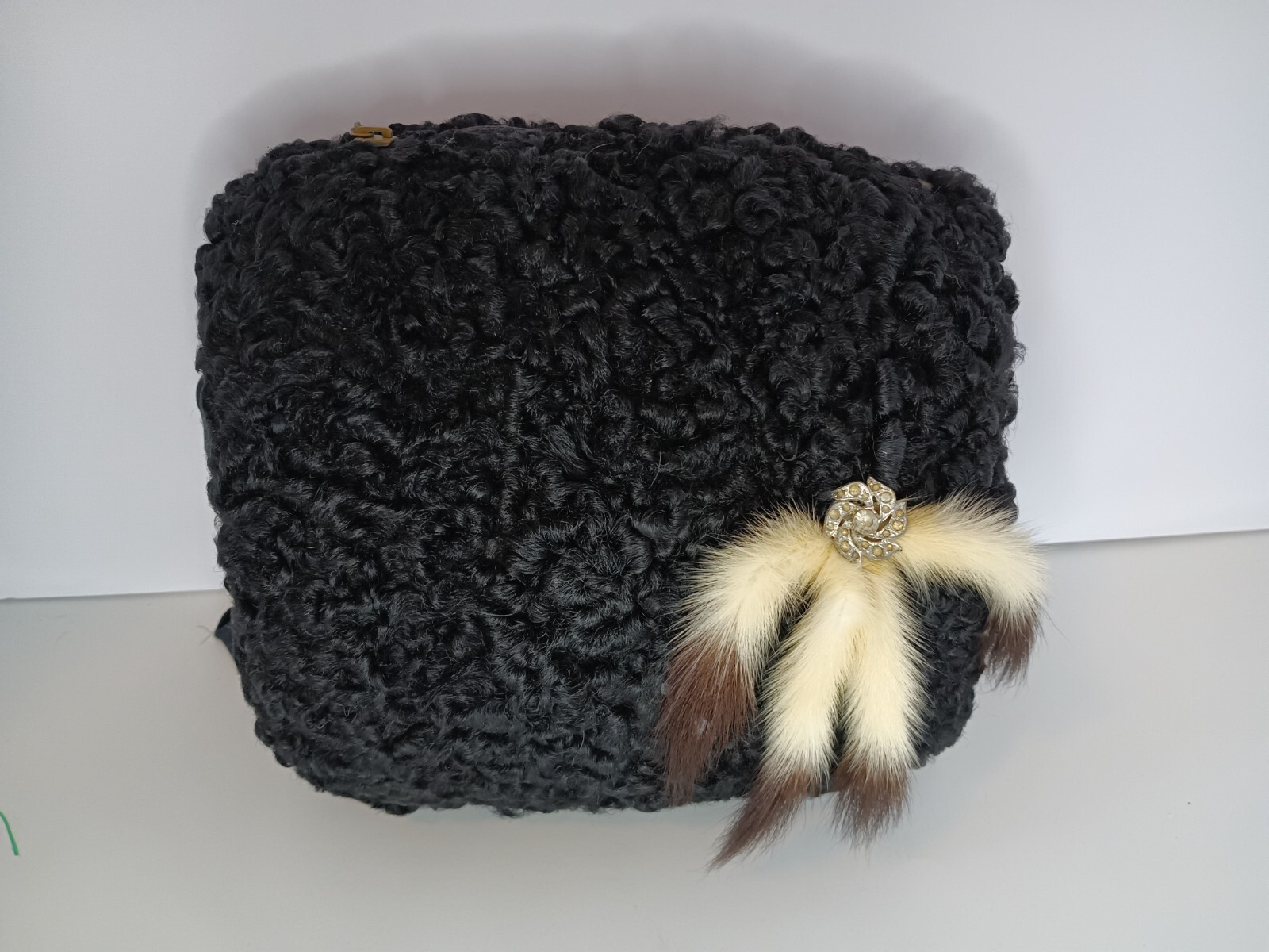 Vintage Black Curly Lamb’s Wool Talon Hand Warmer Muff With Zipper Pocket