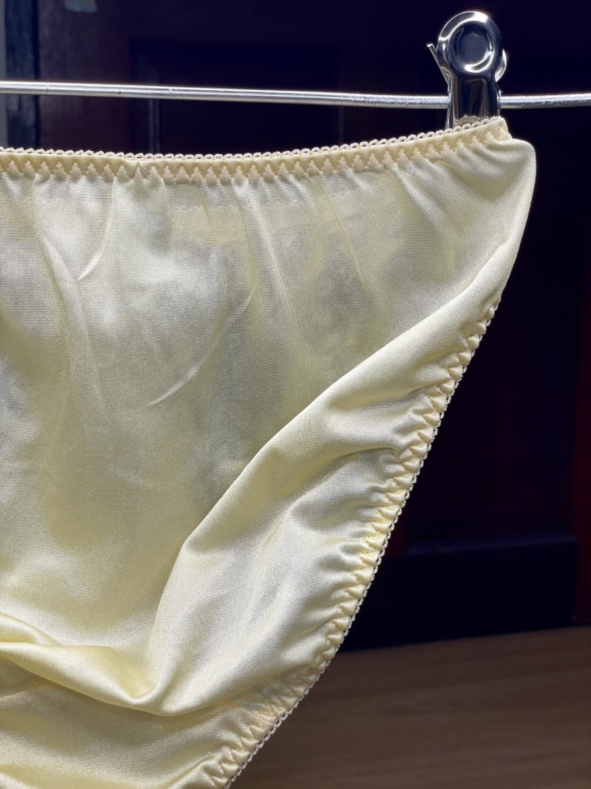 Vintage Light Yellow Nylon Panty Slippery High Leg Briefs Black Lace Bikini Sz.5