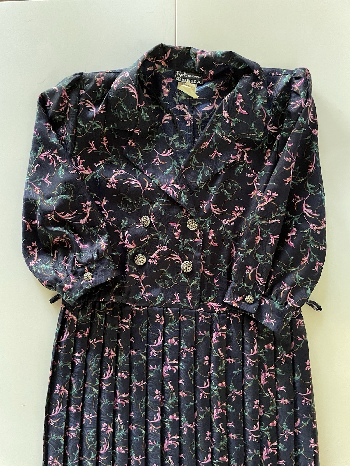 Vintage Breli Originals Navy Blue Pleated Floral Secretary’s Dress – Size 10