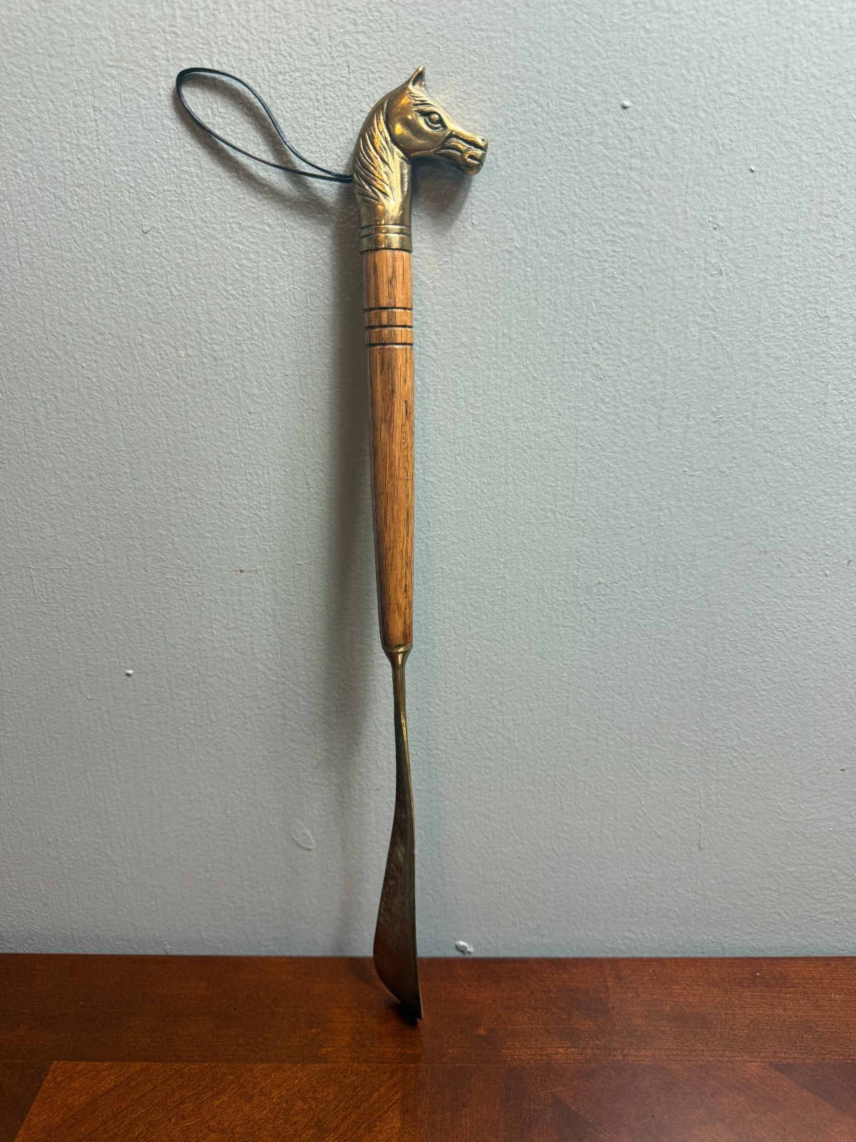 Vintage Brass Horse Head Shoehorn Wooden Handle Equestrian Decor Shoe Accessory