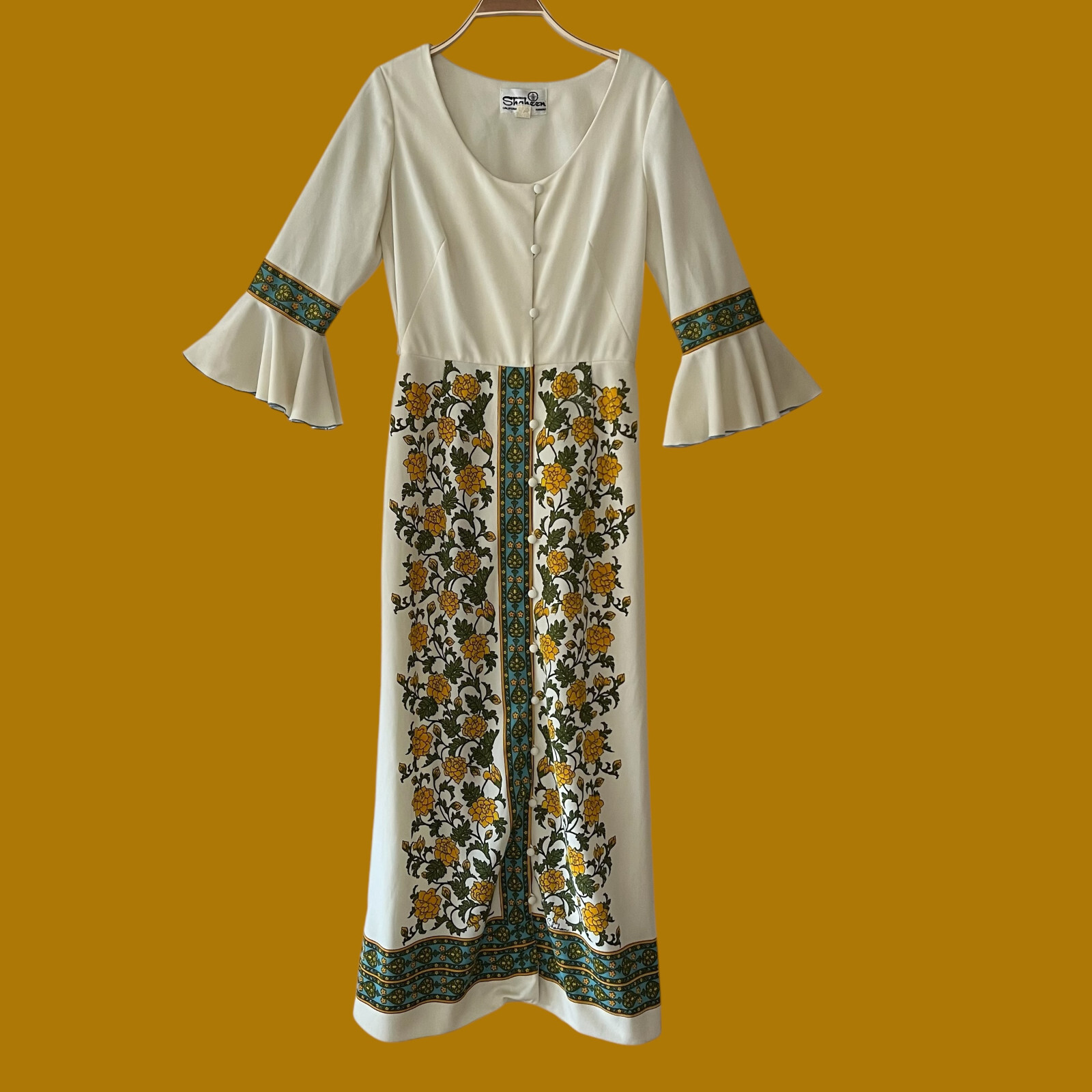 Vintage Alfred Shaheen 1970s Floral Boho Maxi Dress with Trumpet SLeeves