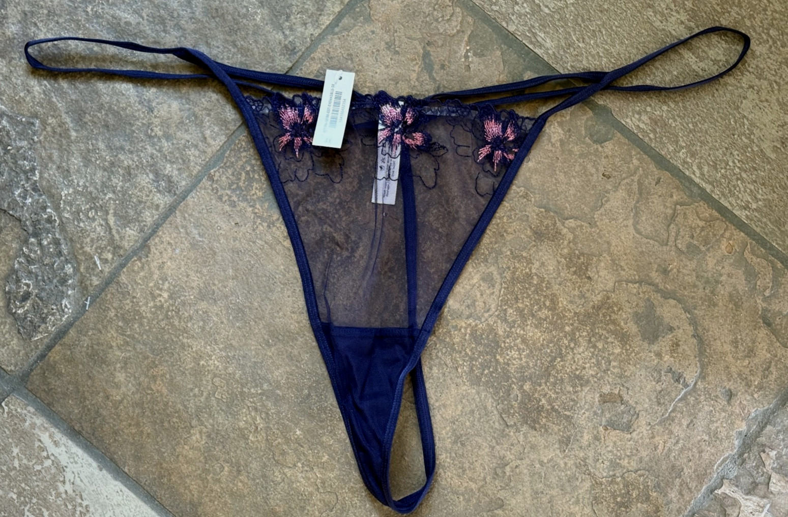 ADORE ME Size 3X Navy Sheer Embroidered Floral String Thong Panties #2544 NWT