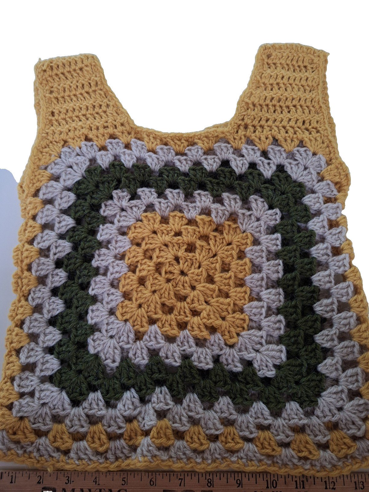 Vintage 60’s 70’s Handmade Crochet Vest Sz XS-Small Hippy Boho Gold Beige Green