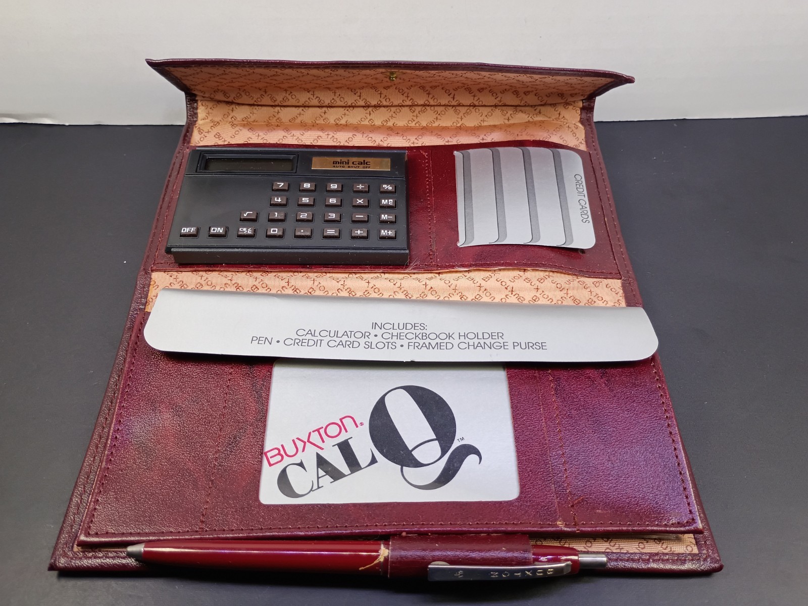 Buxton LEATHER LONG WALLET “Cal-Q-Organizer” Red Leather Calculator Vintage
