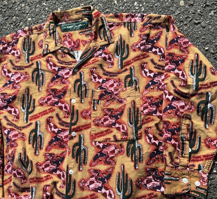 Vintage Loop Collar Cotton Button Shirt Large Western Rodeo Cactus Kramer