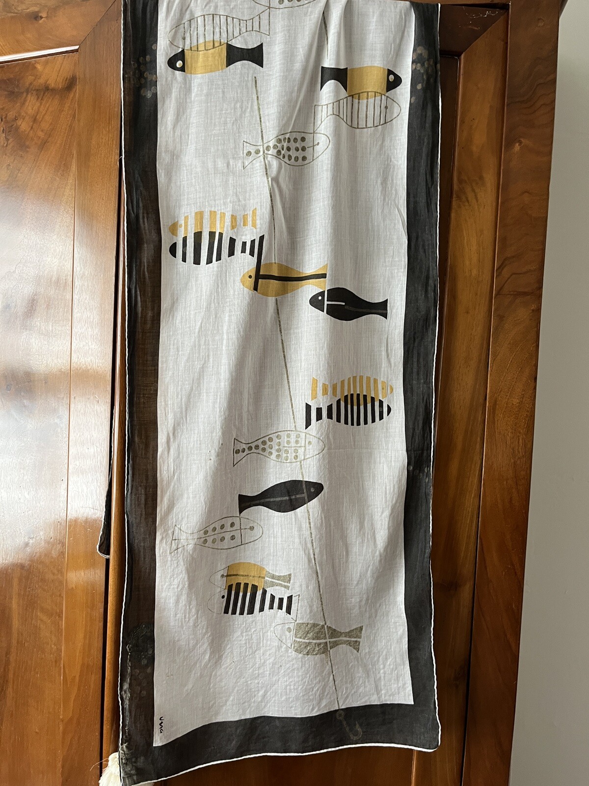 RARE Vintage VERA NEUMANN Long Cotton batiste Hand Rolled Scarf Fish motif