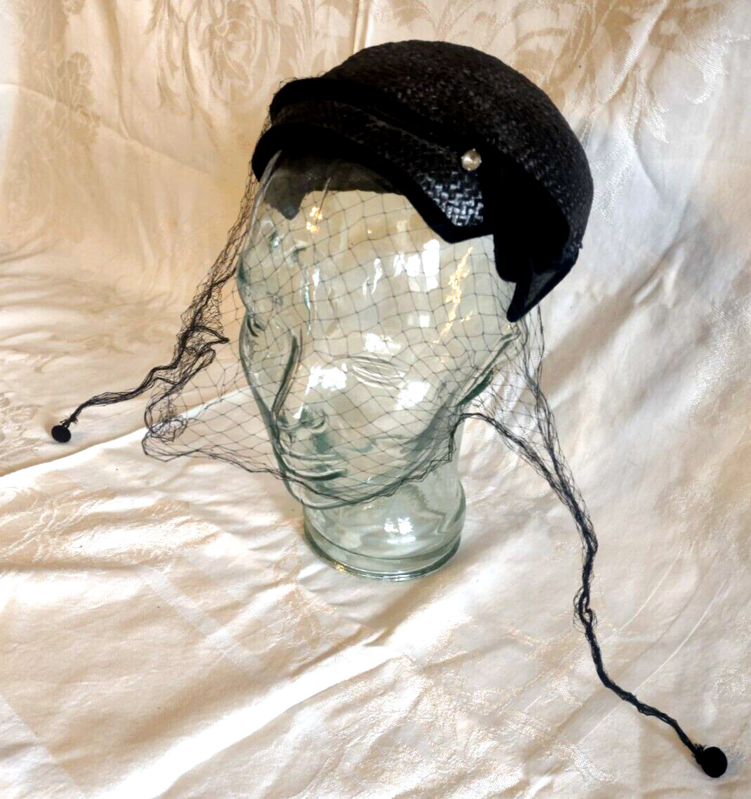 Black Weave & Velvet 1930’s – 1940’s Hat VTG Marshall Field Bing Bongs Netting