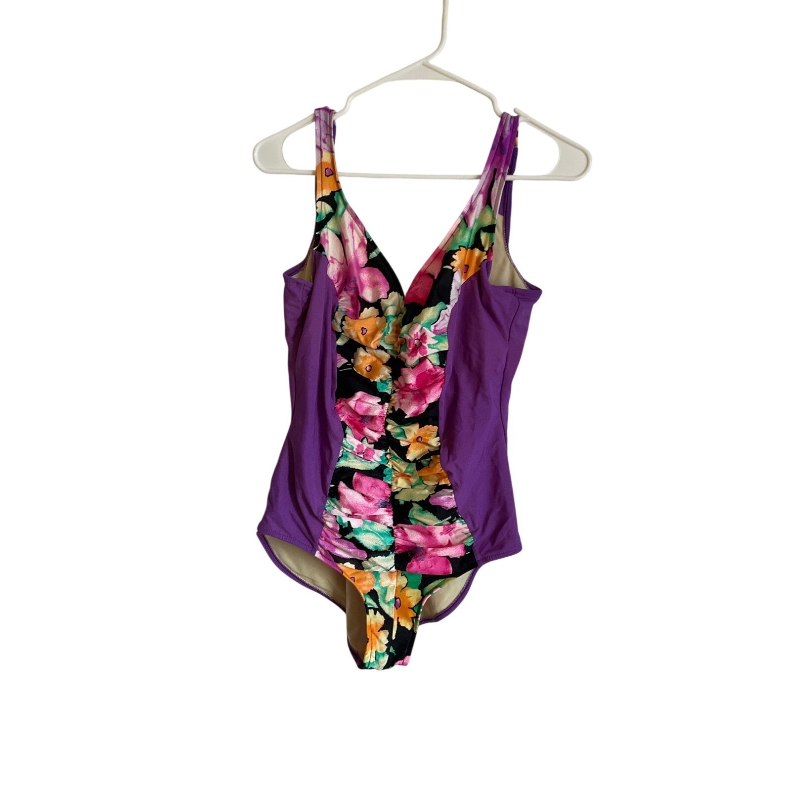 The Slimsuit Vintage One Piece Swimsuit Floral Purple Ruched V-Neck No sizing