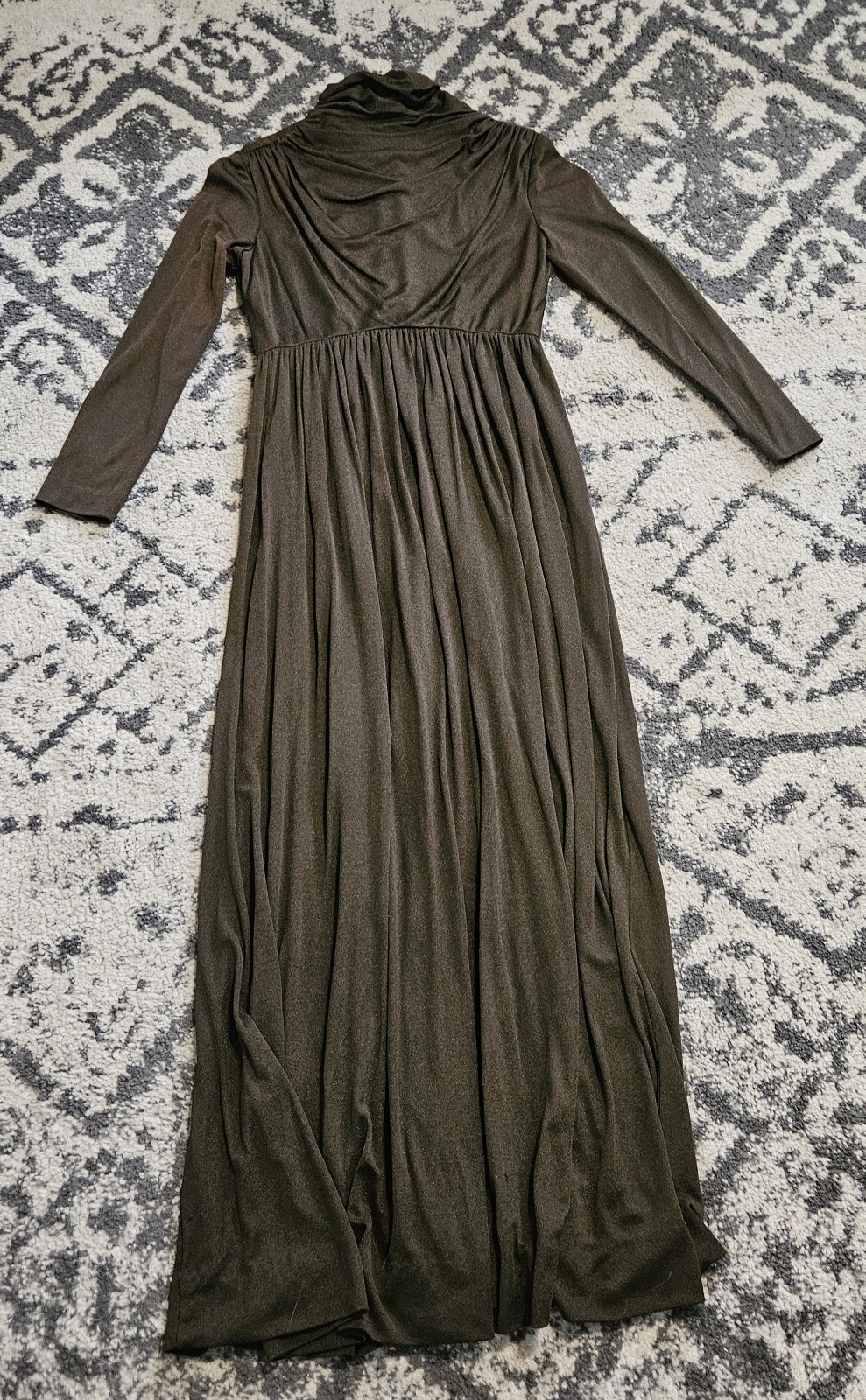 Vintage 1970s Olive Green Brown Cirette Shift Maxi Dress High Neck