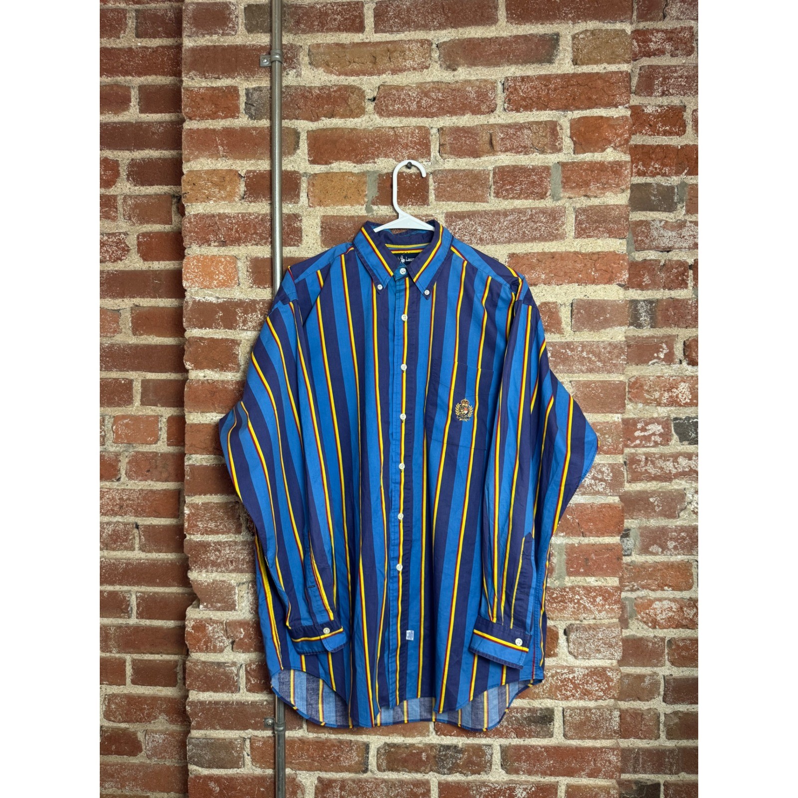 Vintage 1990 Polo Ralph Lauren Crest Embroidered Striped Button Up Shirt Mens M