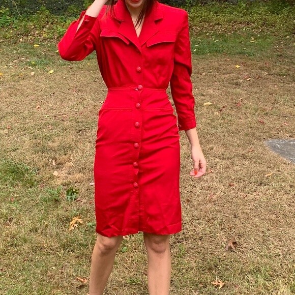 Vintage Harve’ Benard Red Button Front Long Sleeve Western Wiggle Dress Small