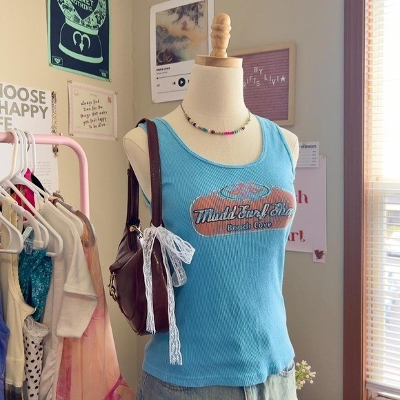 Vintage Y2K Mudd Surf Shop Blue Tank Top Hibiscus Flower Preppy