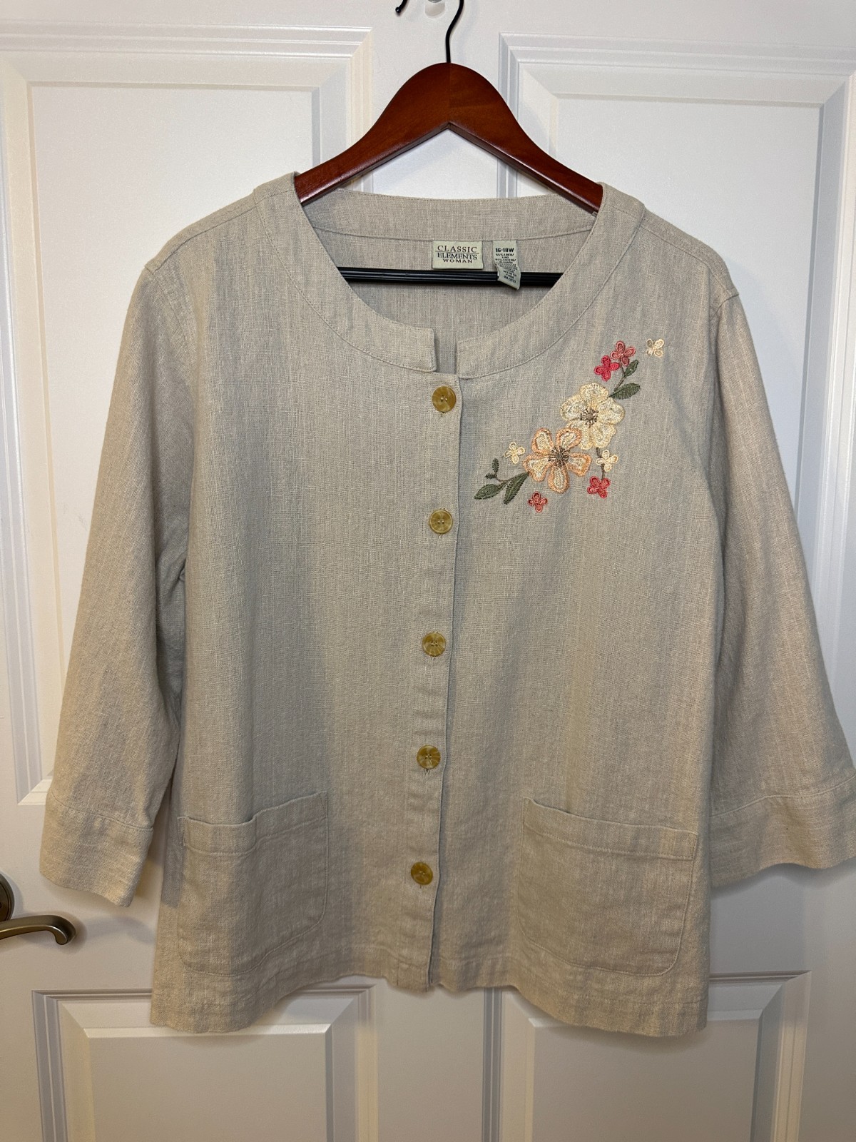 Vintage 90s Linen Blend Embroidered Floral Jacket Cottagecore Grandmacore