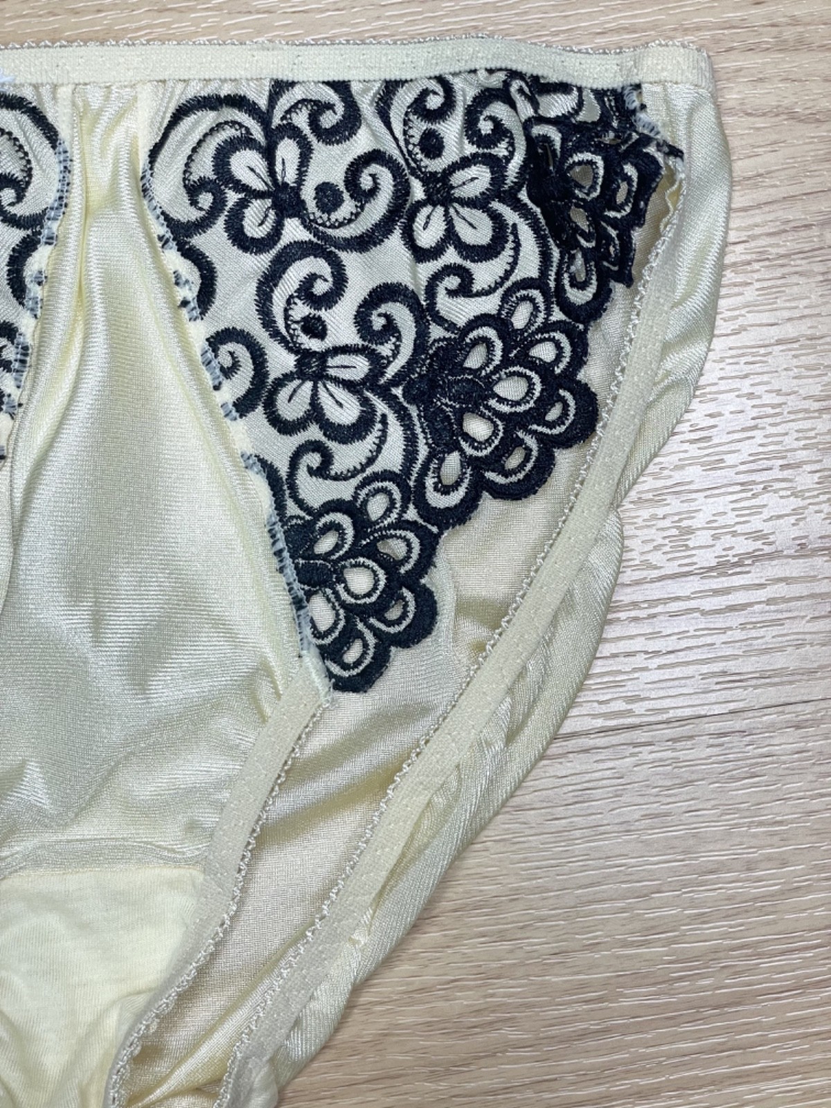 Vintage Light Yellow Nylon Panty Slippery High Leg Briefs Black Lace Bikini Sz.5