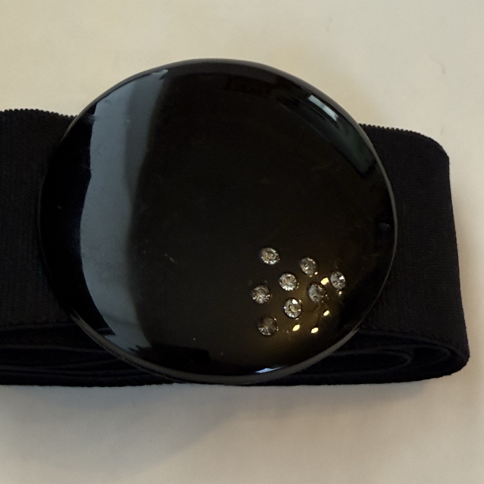 VTG Black Elastic Belt Round Buckle W/Rhinestones Disco 1970s 1980s 24”x2” Small