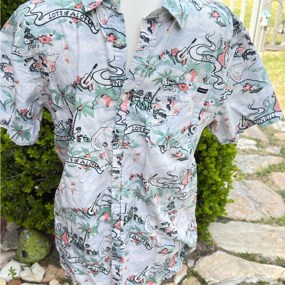 Vintage-Style Light Blue Hawaiian Print Short-Sleeve Shirt Sz M