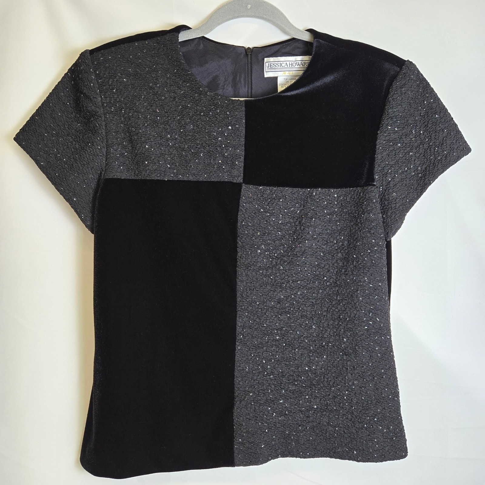 Jessica Howard Velvet Beaded Short Sleeve Top Patchwork Black Vtg Size 12 READ