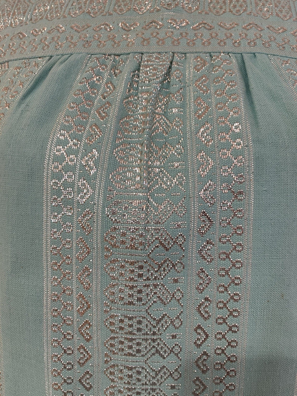 Vintage 60s Aqua Blue Metallic MOD Silver Thread Motif PartyShift Dress Bust 36”