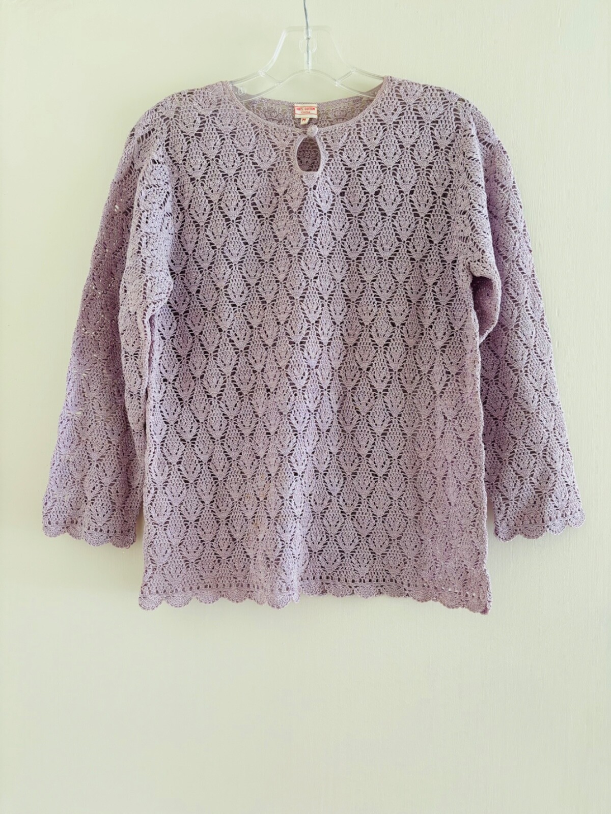 Vintage long sleeve crochet cotton blouse, lavender, M