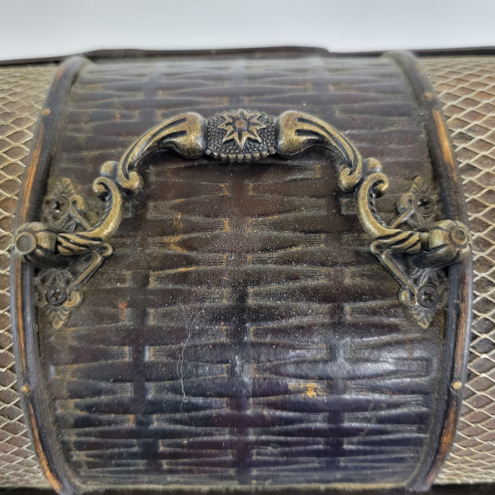 Wood, Metal, & Leather-like Trinket Box Purse Handbag W/ Metal Latch & Hardware