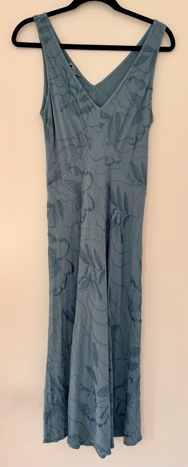 Vintage Ghost London Embroidered Floral Bias Cut Midi Dress Blue Viscose Y2K