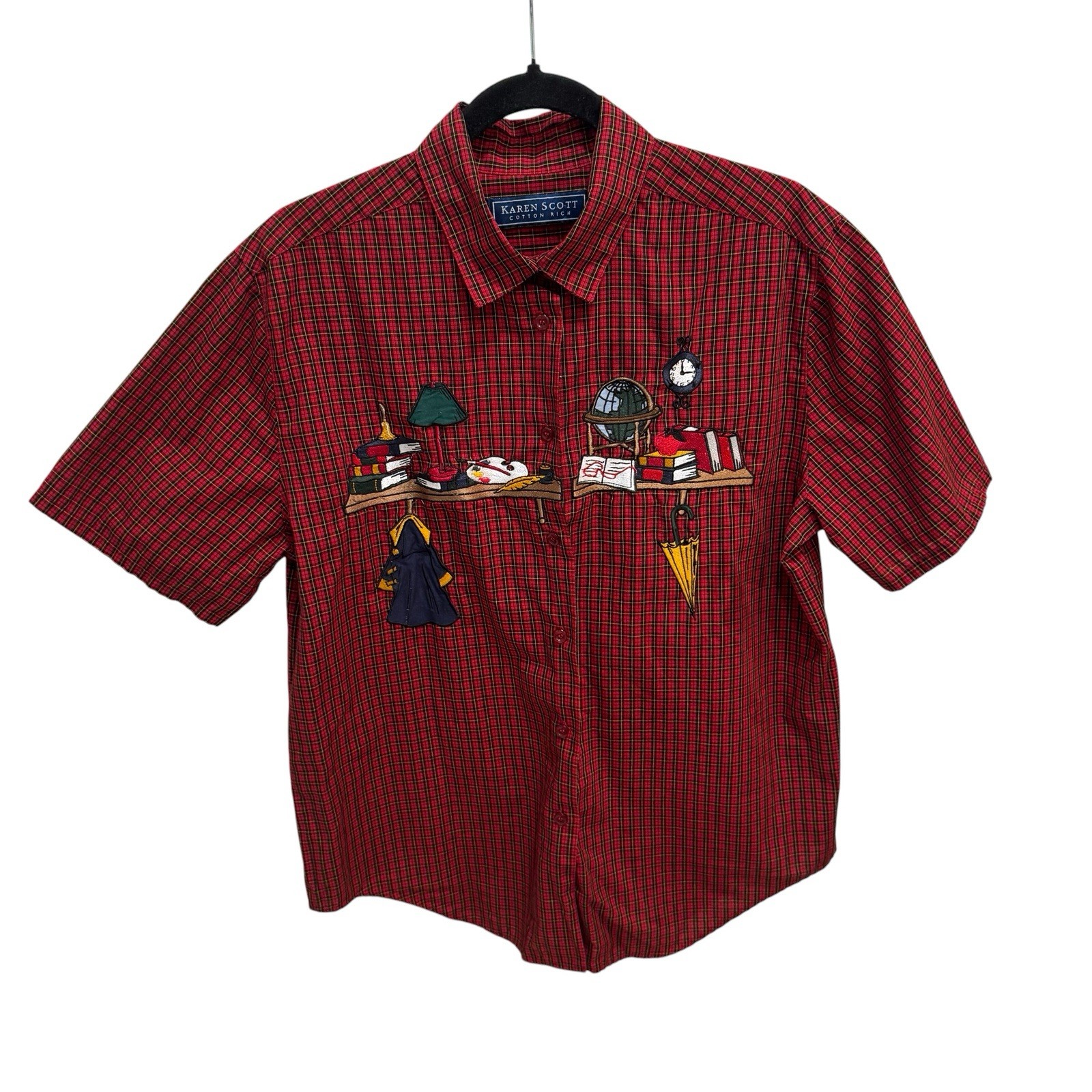 Vtg Karen Scott Womens Shirt Red Plaid Teacher Appliqué Embroidery 90s Y2K Sz M