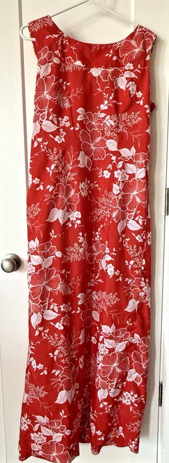 VTG Pacific Isle Creations Hawaii Maxi Dress Size 14 Red White Hibiscus 70s 60s