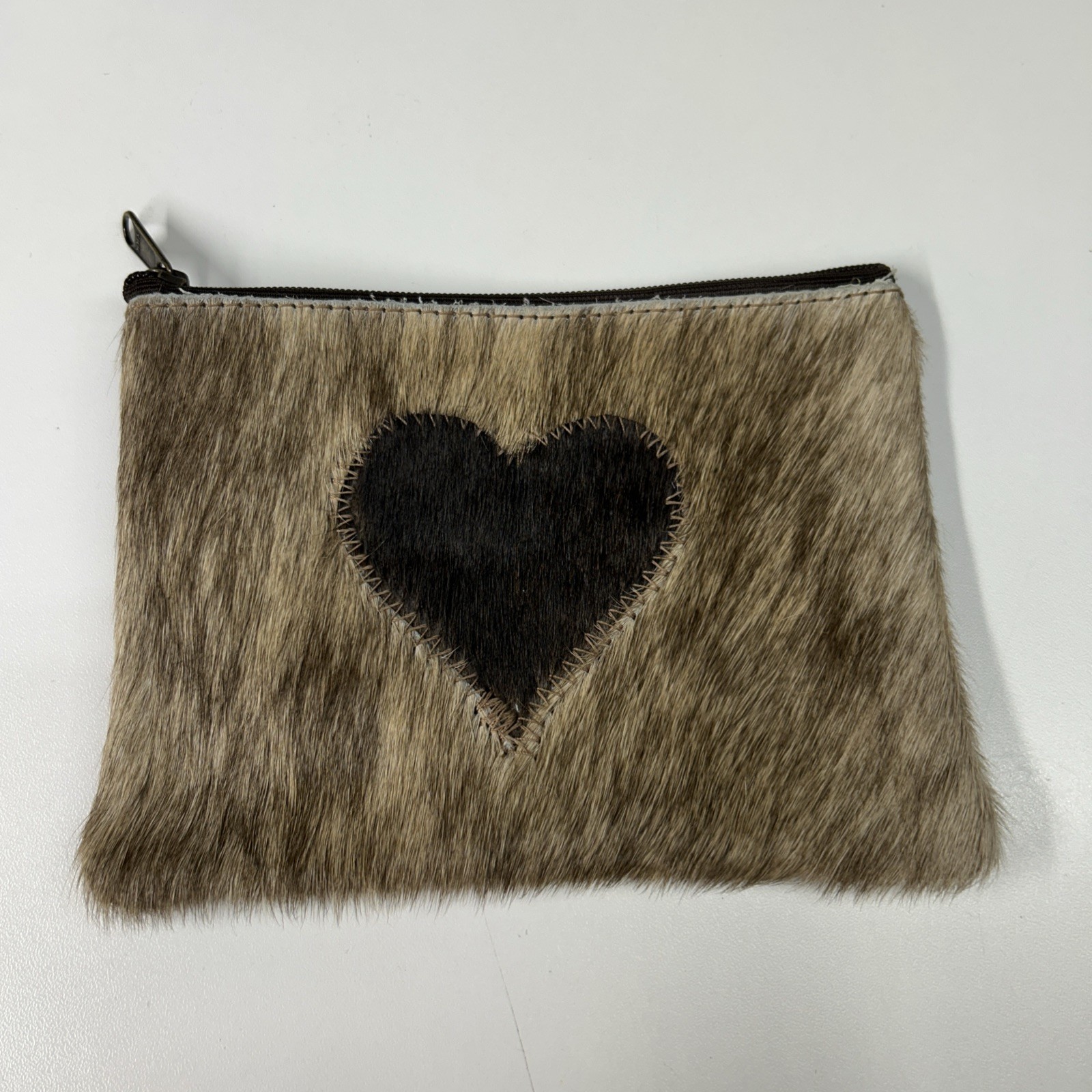 Cosmetic Bag Cowhide Stitched Leather Heart Zipper Pouch Western Country Cowgirl