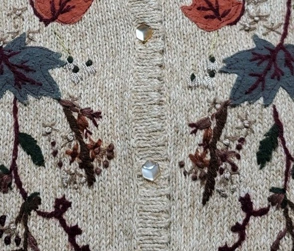 Heirloom Collectibles Small Cardigan Sweater Tan Embroidery Of Fall Leaves Raime