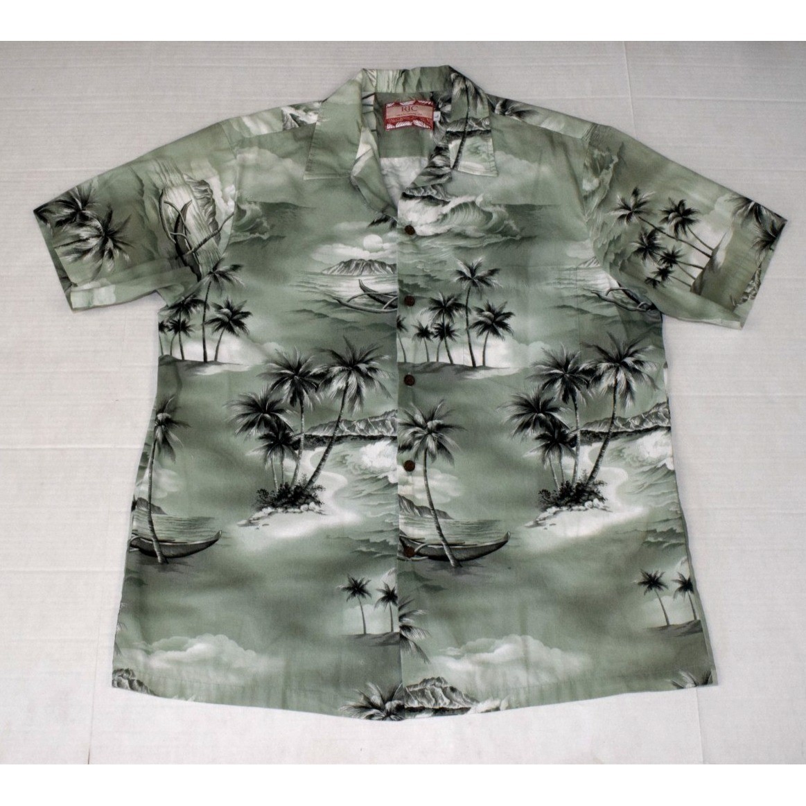 Vintage Hawaiian Shirt RJC Size L 90s Sage Green Island Waves Crash Made USA