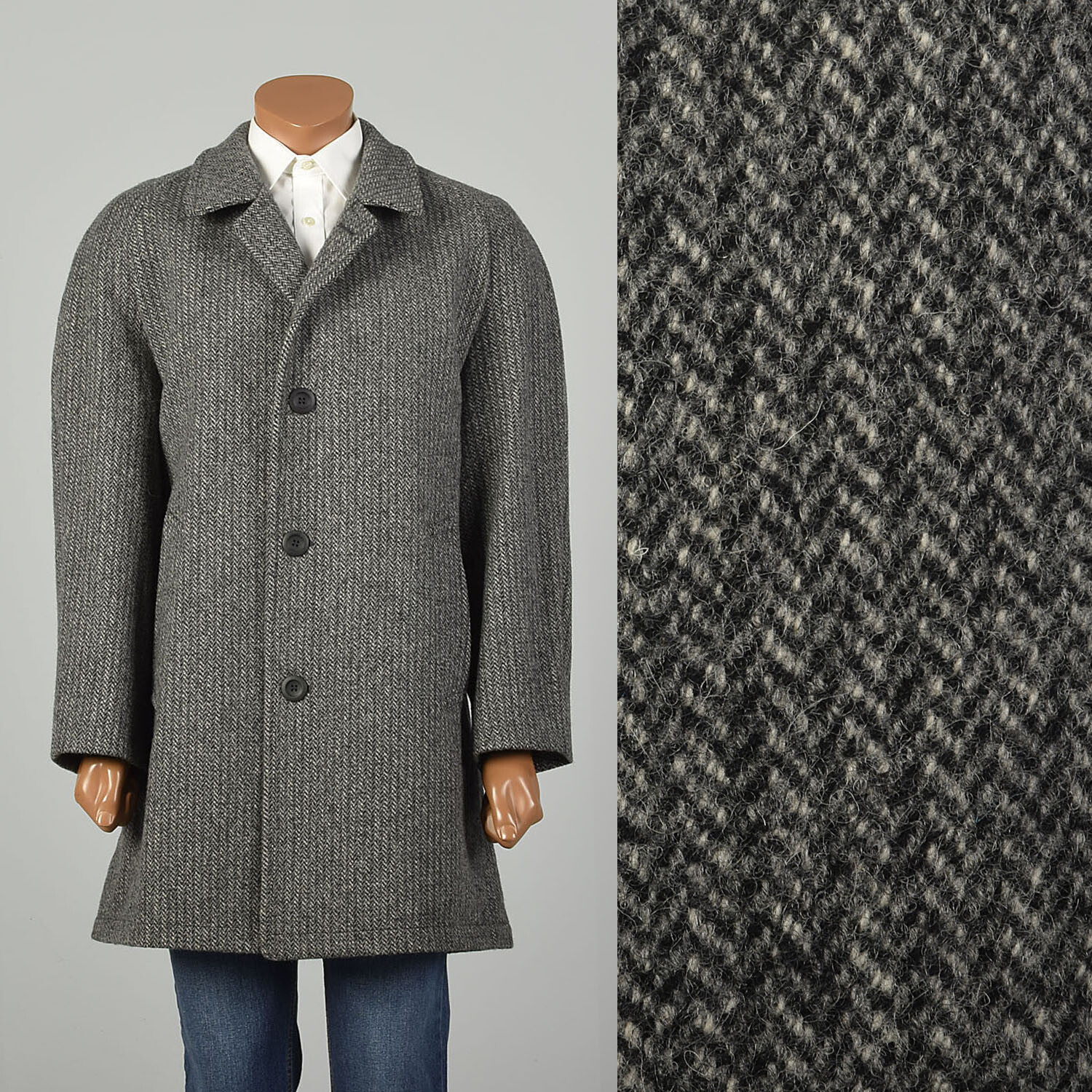 Large 1980s Car Coat Grey Tweed Wool Herringbone Winter Outerwear Vintage