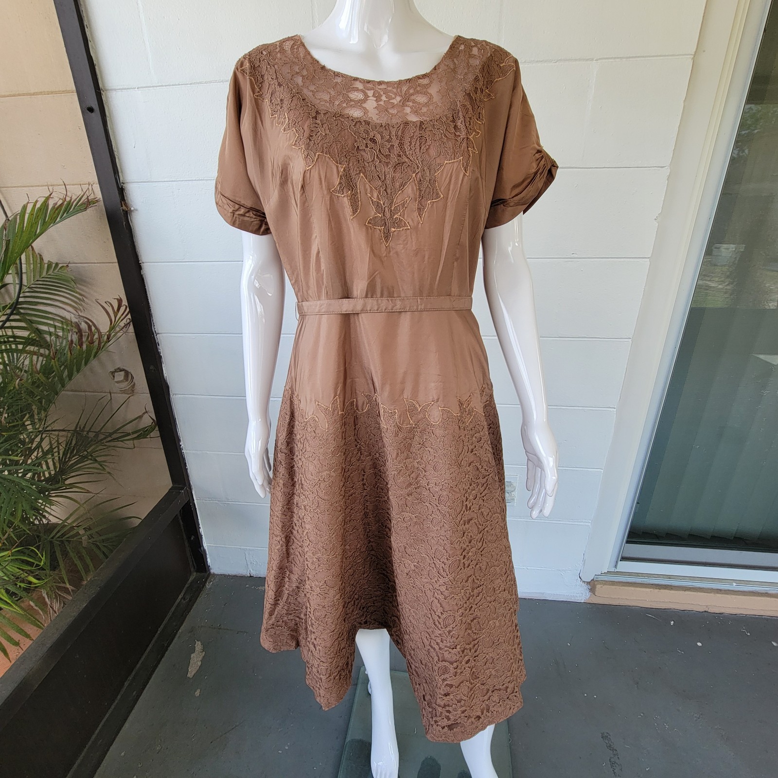 Vtg 50s Styled by Ruxton Brown Satin & Lace Fit Flare Cocktail Dress MCM S1ze 10
