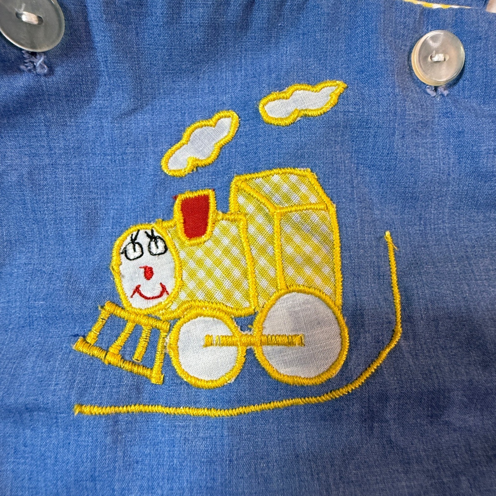 Vintage Baby Train Romper 6-12M Blue Embroidered Choo Choo Kidcore