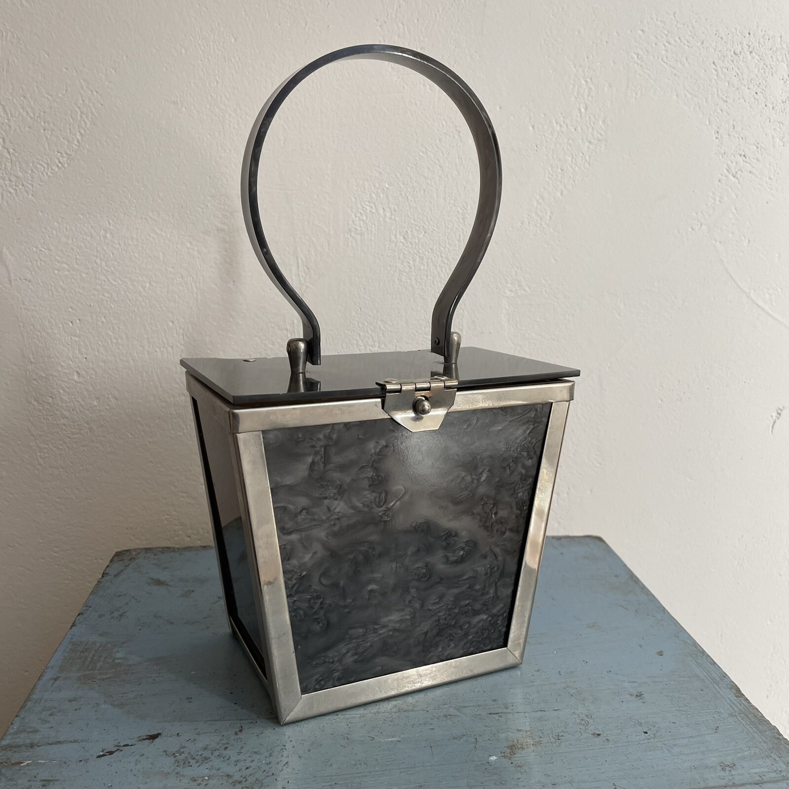 Vtg MCM Charcoal Gray Lucite Box Purse Bag, Marbleized, Pearlized, Silver Frame