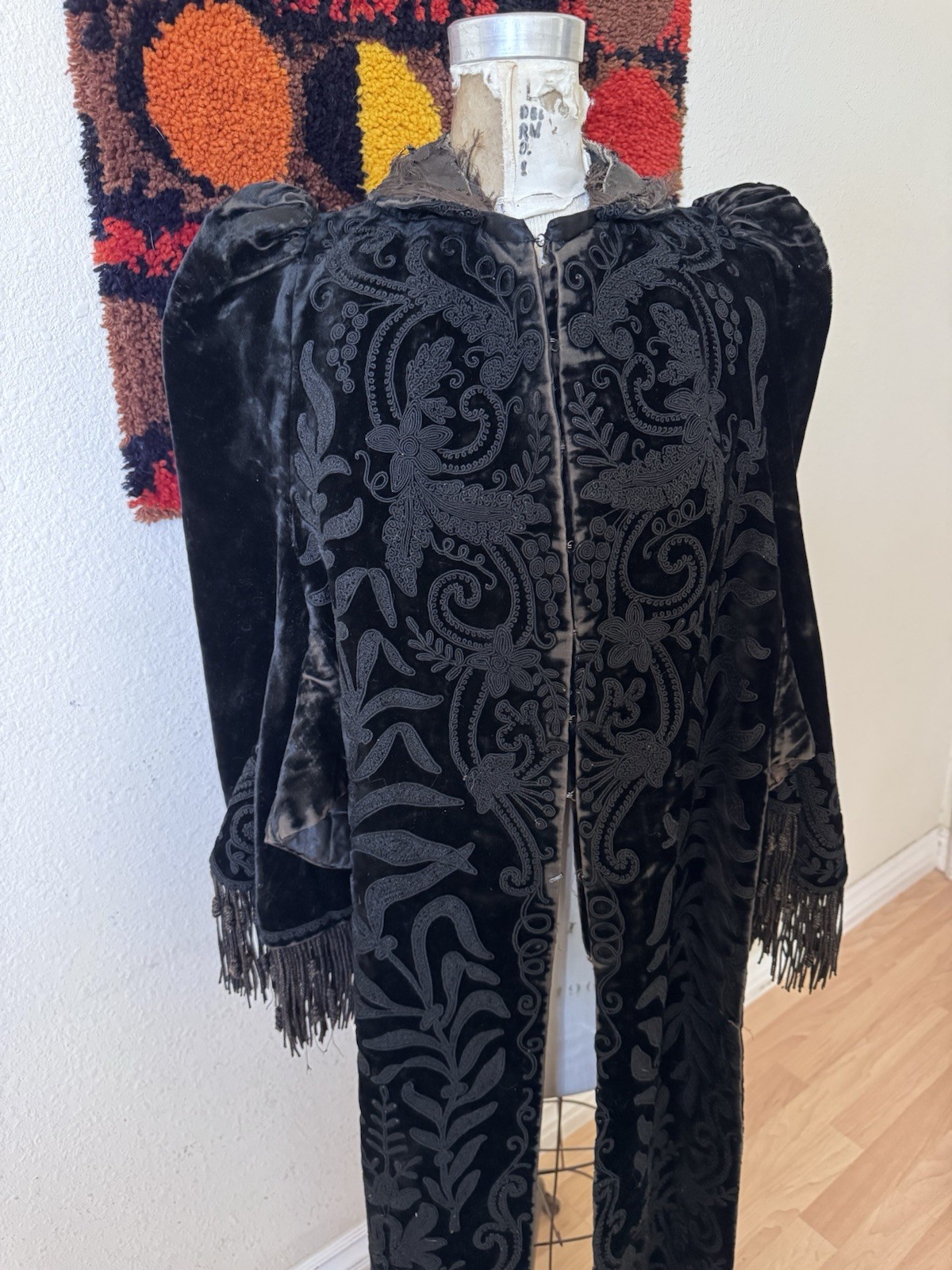 Antique Victorian Black Velvet Embroidered Fringe Cape Jacket Puff Sleeves