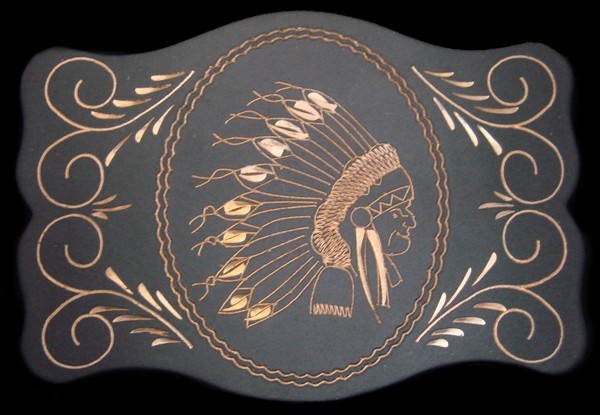 NA08147 *NOS* BEAUTIFULLY ETCHED ***INDIAN CHIEF*** w/ HEADDRESS ARTWORK BUCKLE