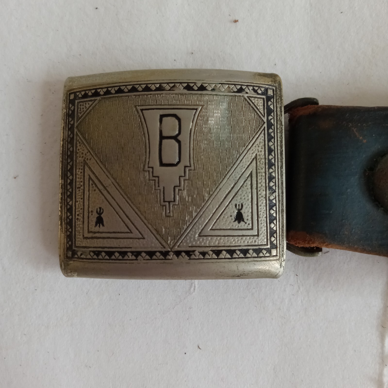 Antique Giant Grip Leather Belt Buckle True Silver Plate Engraved “B” Monogram