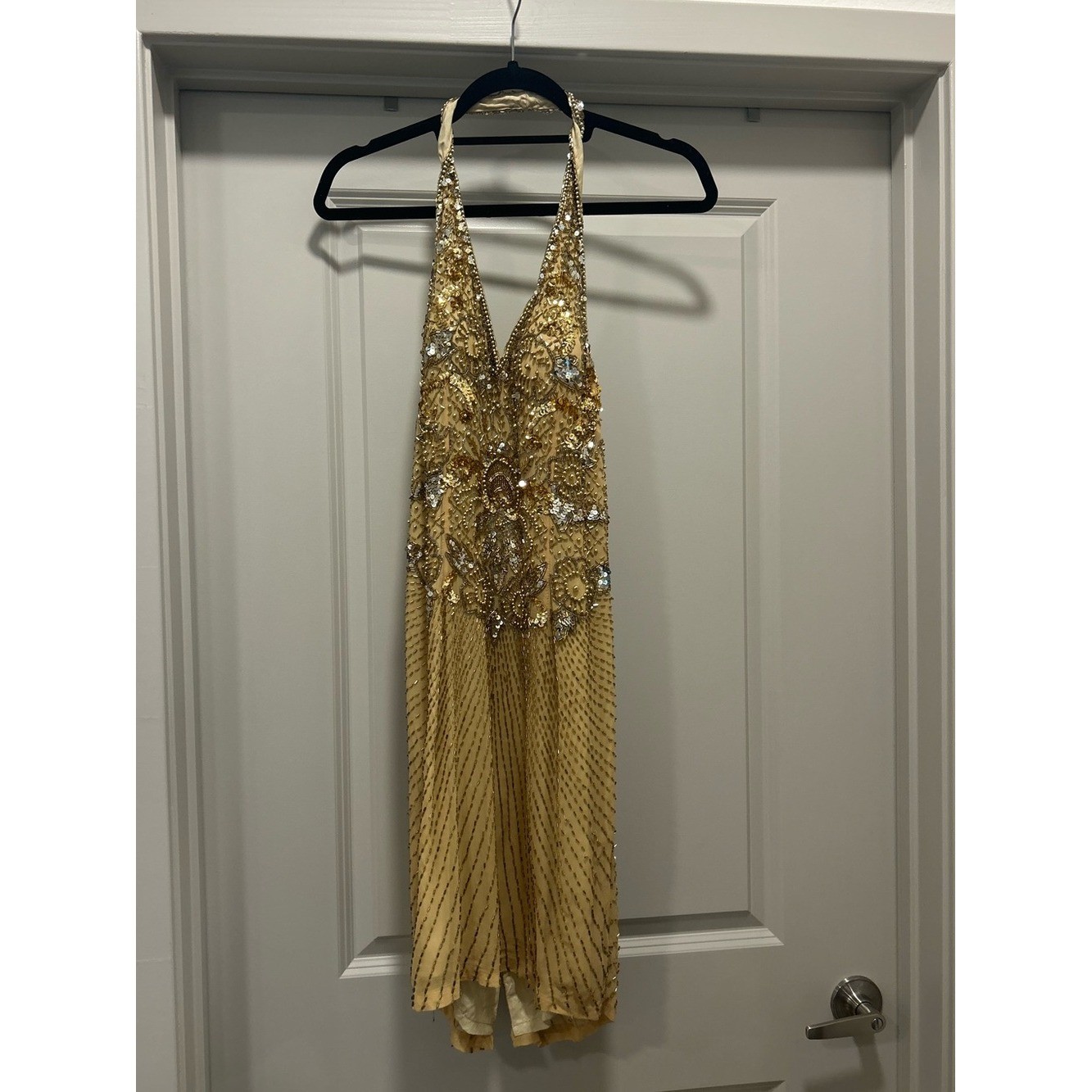 Vintage 100% Silk Beaded Niteline Gold Halter Sequin Dress