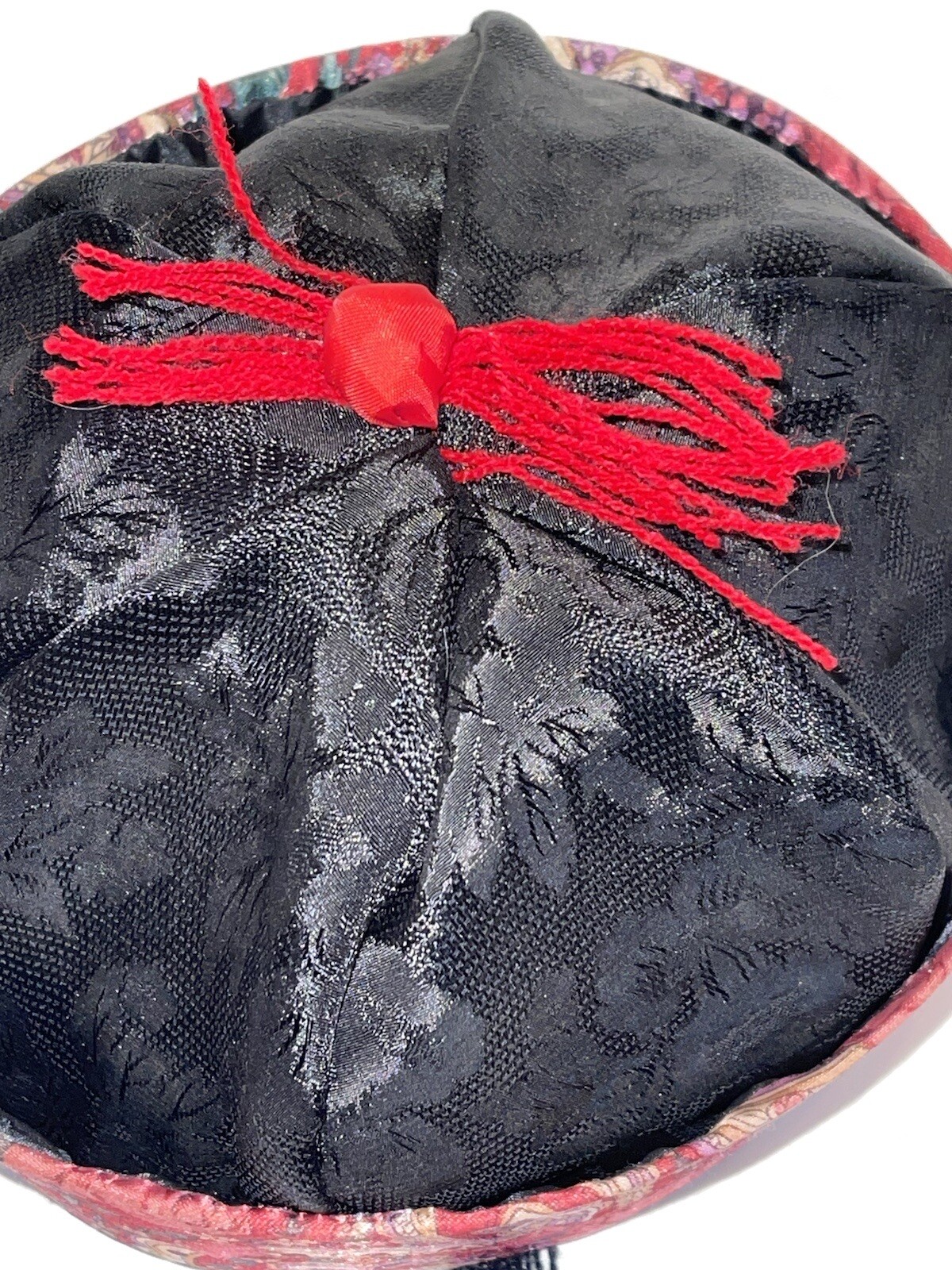 Vintage Oriental Asian Chinese Silk Hat With Braid Roses Paisley Pink Maroon