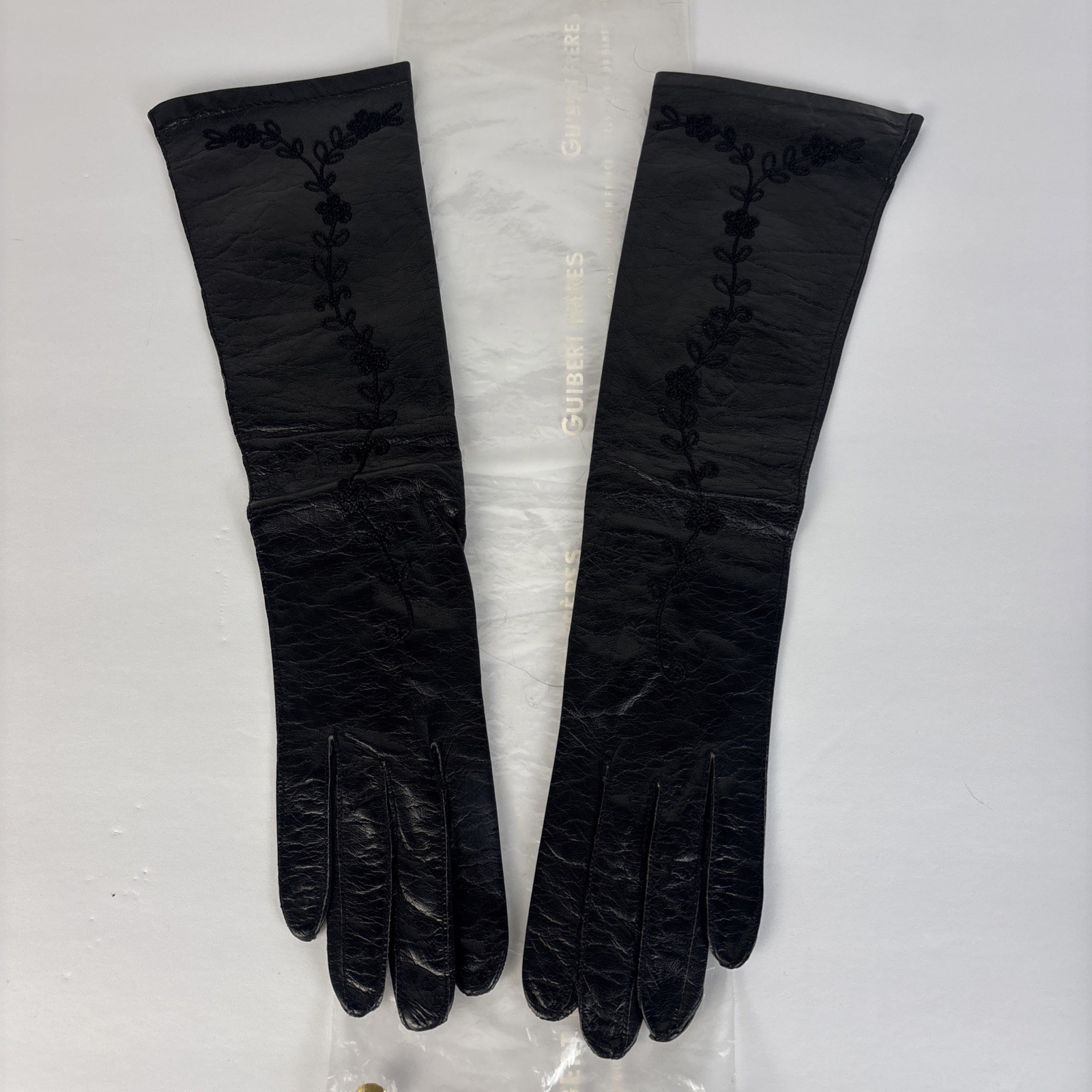 VTG Stix Baer Fuller Black Embroidered Gloves Leather Size 7 Real Kid Elbow