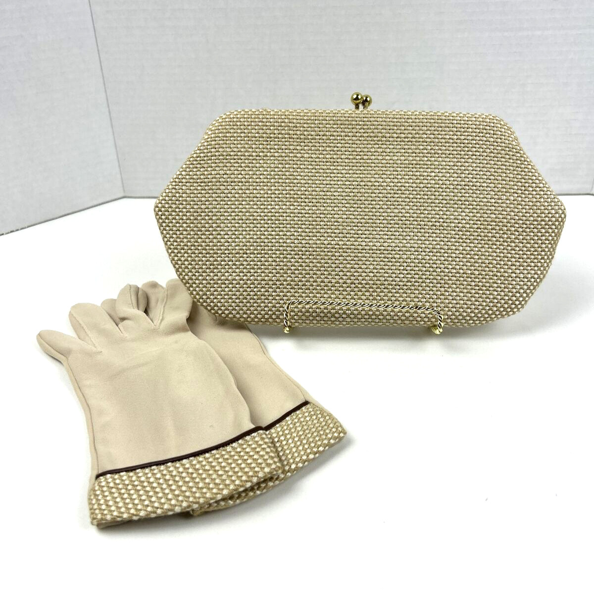 Clutch & Matching Gloves Size S Vintage Rare 40’s/50’s Fabric Weave Textured