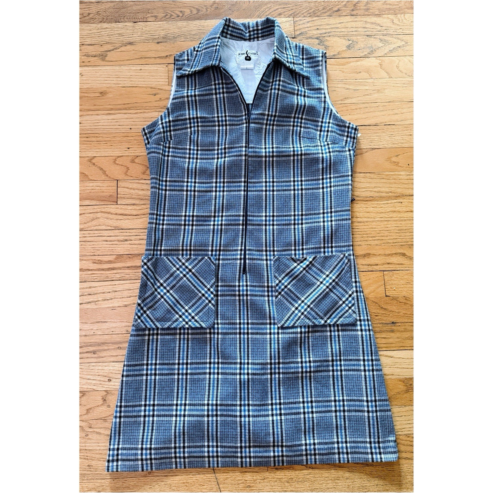 Vintage 60s 70s Mod Dress Plaid Wool Blend Shift Large Blue Academia