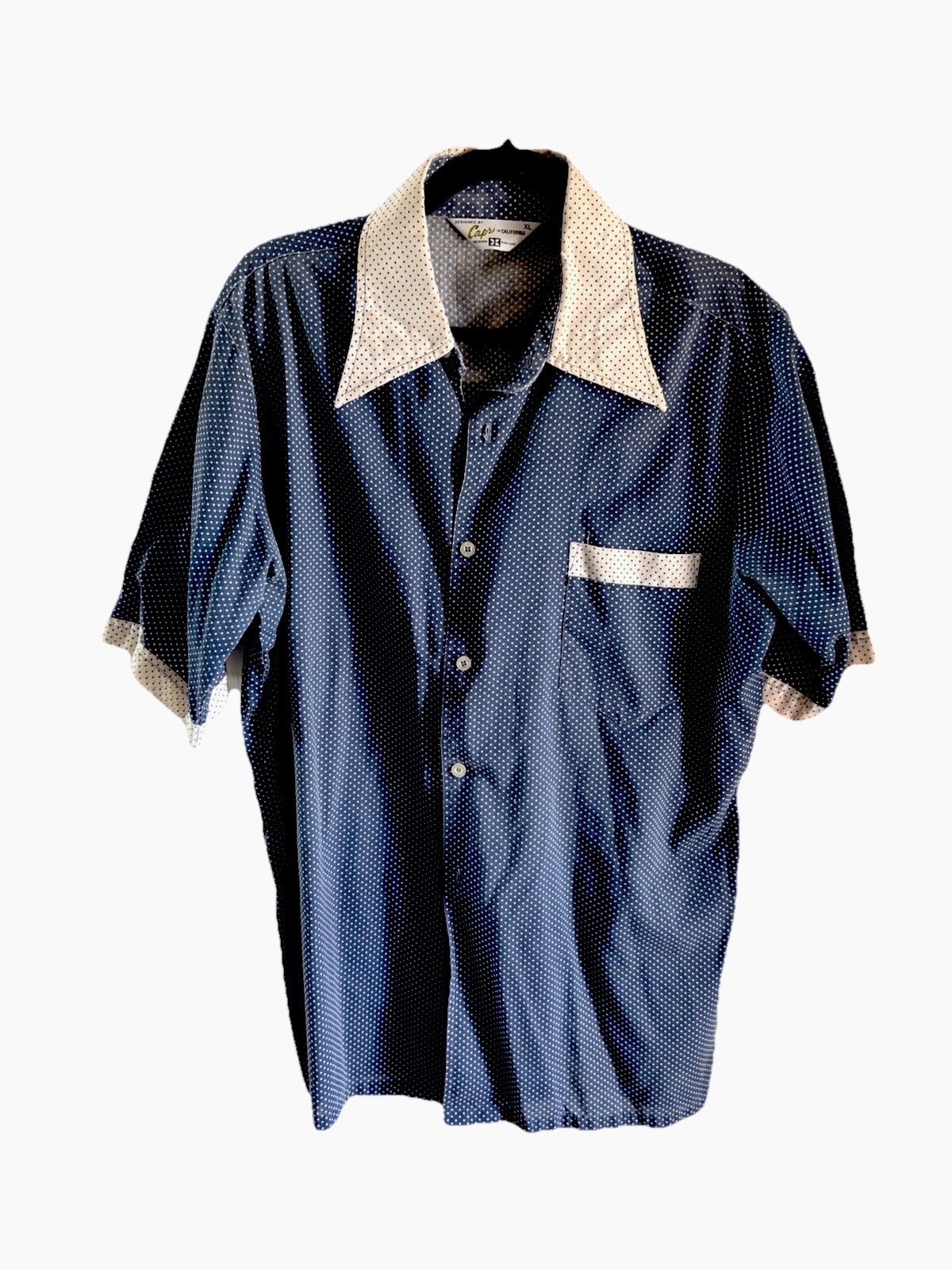VINTAGE Cap’s of California Shirt XL Blue White Polka Dot Short Sleeve